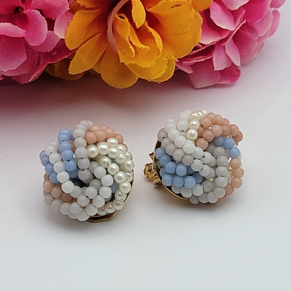Vintage Multicolor Faux Pearl Cluster Clip On Earrings Gold Tone Stud 22mm